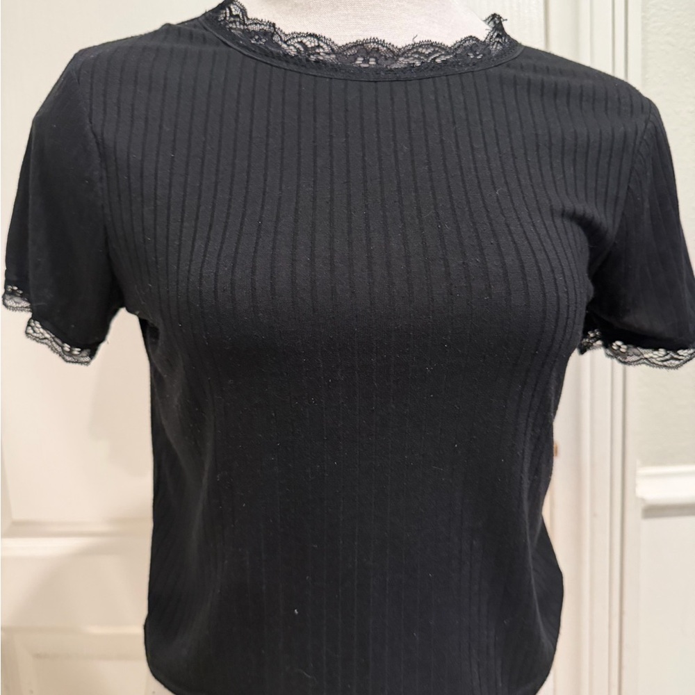 BRAVE SOUL London Black Lace-Trim Ribbed Short Sleeve Top